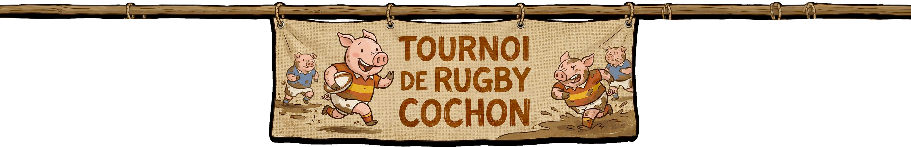 Étendard du Tournoi de Rugby Cochon - Un cochon jouant au rugby